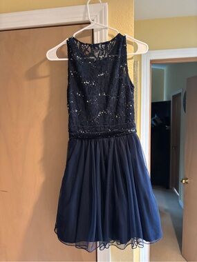 Navy Blue Lace & Tulle Formal Dress